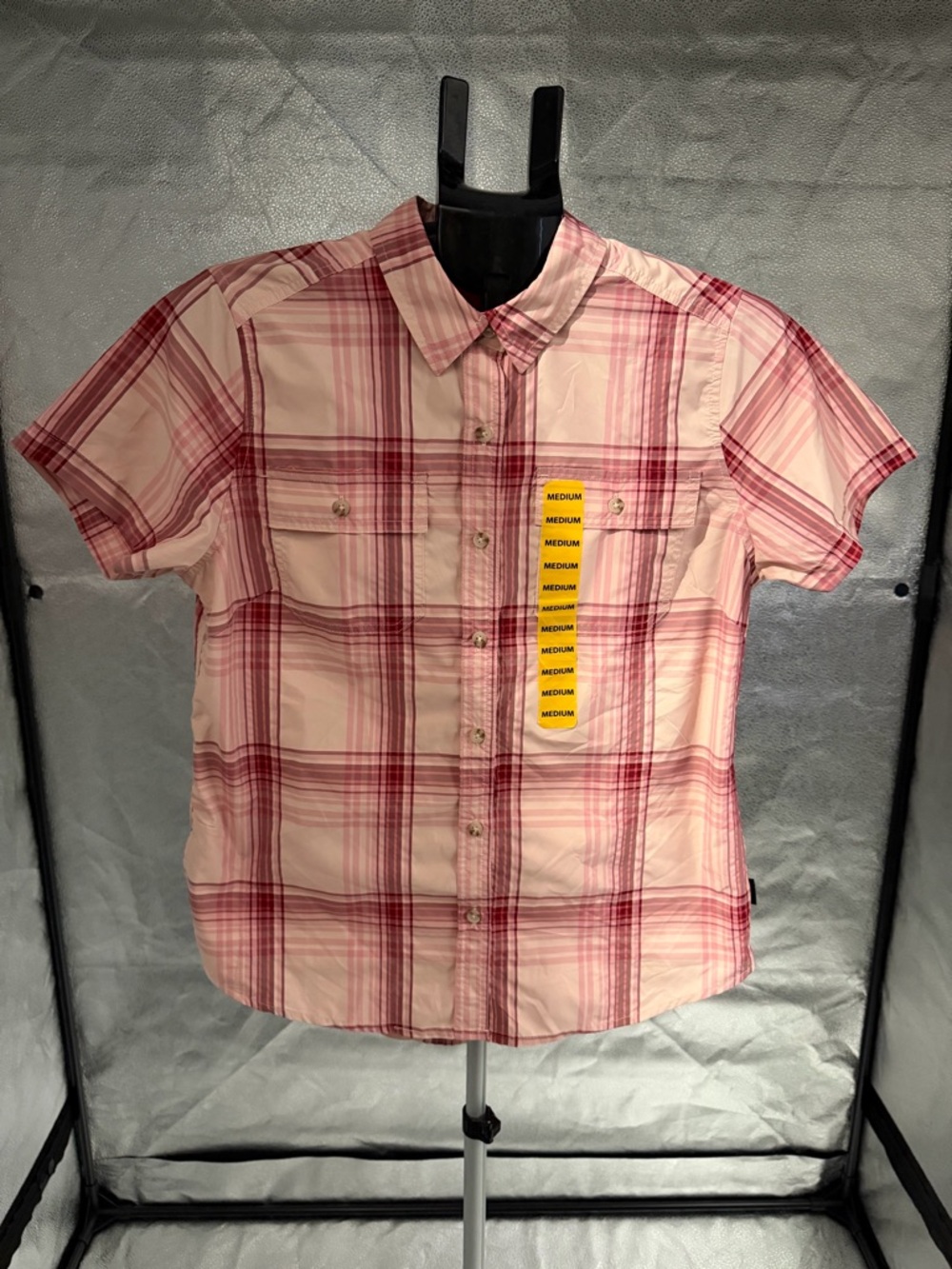 NWT Eddie Bauer Women Peach Pink Plaid Short Sleeve Adventure Shirt size Medium